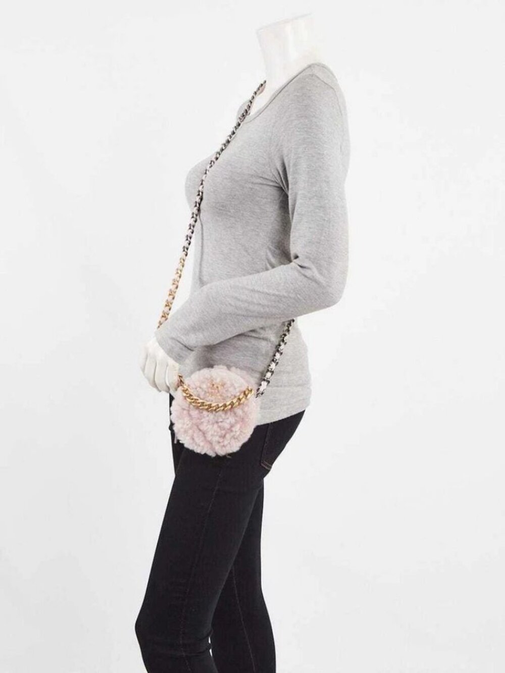 Chanel Pink Shearling Sheepskin Chanel 19 Round Clutch Bag